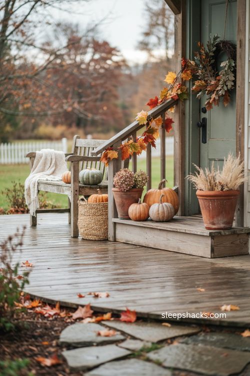 Artificial maple leaf vine garland on a rustic Thanksgiving porch fence with pumpkins
