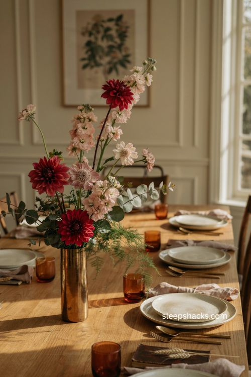 Asymmetrical Thanksgiving floral centerpiece with scarlet dahlias blush stocks eucalyptus and gold vase 