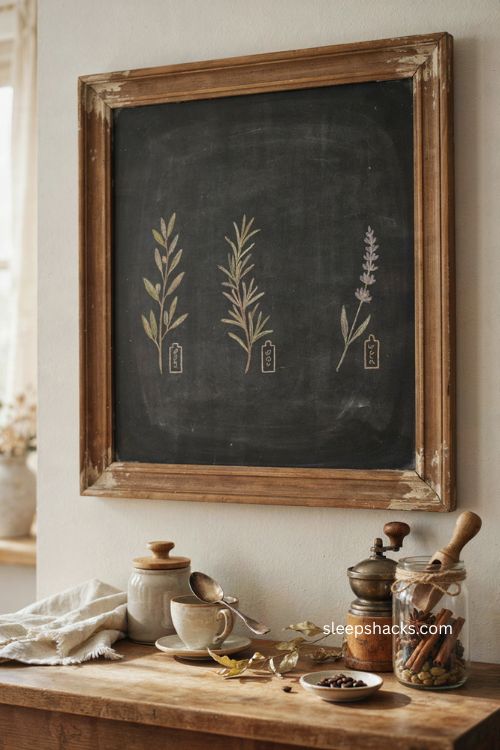 Autumn apothecary botanical chalkboard ideas above a cozy coffee station 
