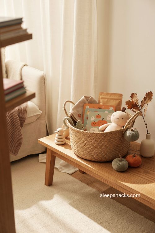Baby and toddler Halloween boo basket ideas with plush pumpkin board books and keepsakes 