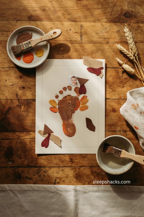 Baby photo face turkey craft with painted footprint for Thanksgiving 