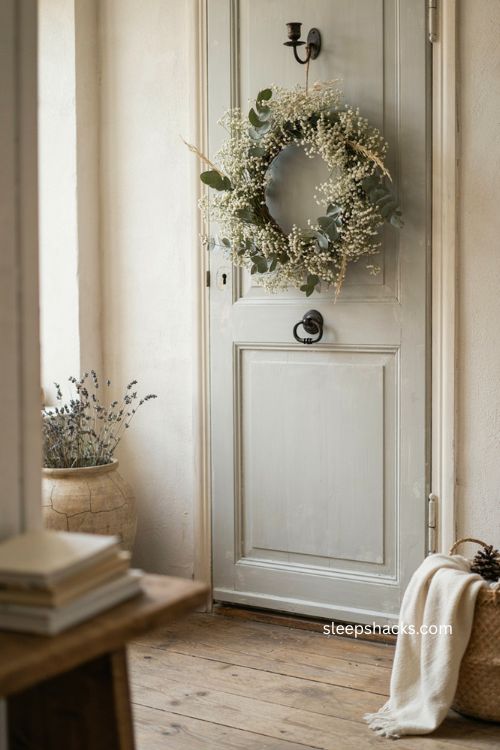 Baby's breath and eucalyptus Christmas wreath with delicate white flowers 