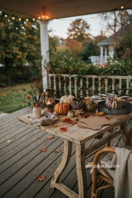 Backyard Halloween activity station with pumpkins painting supplies rustic decor and warm lights 