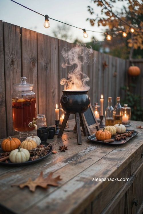 Backyard Halloween drink station with black cauldron spooky vapor pumpkins and warm lights 