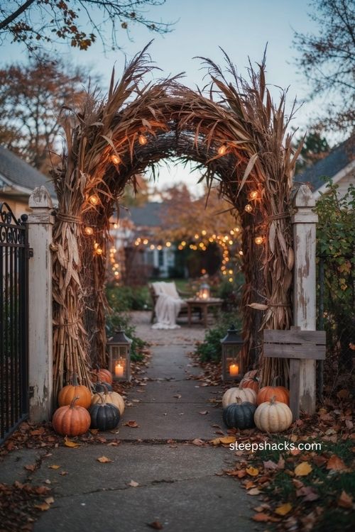 Backyard Halloween entrance arch with pumpkins cornstalks warm lights and rustic decor