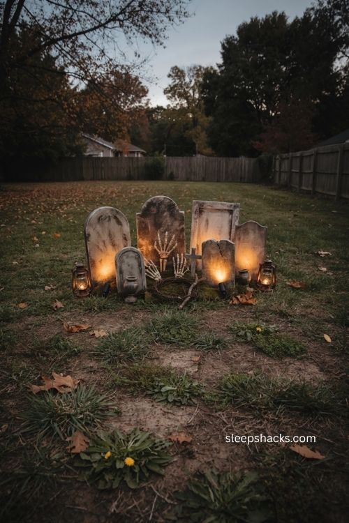 Backyard Halloween graveyard decor with spooky tombstones skeletal hands and amber lighting 