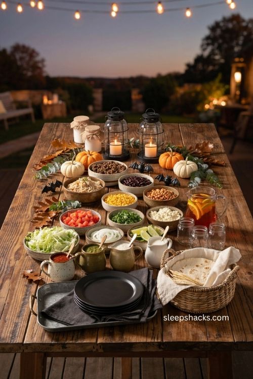 Backyard Halloween interactive food bar with tacos rustic serving dishes pumpkins and warm lights 