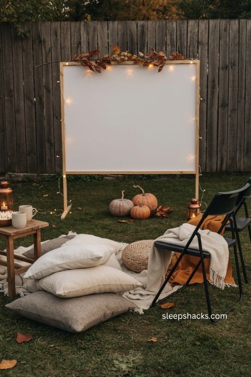 Backyard Halloween outdoor movie zone with cozy blankets floor cushions and string lights 