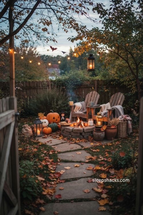 Backyard Halloween party ideas with cozy fire pit pumpkins and warm outdoor lighting 