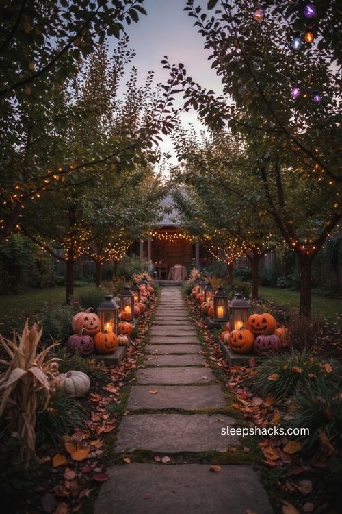 Backyard Halloween walkway with pumpkin lanterns LED candles and glowing tree lights 