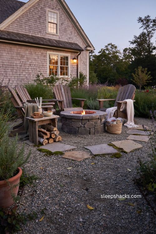 Backyard fire pit ideas with rustic stone seating and cozy evening gathering space 