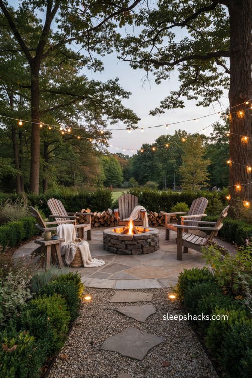 Backyard fire pit ideas with warm string lights and cozy evening lighting 