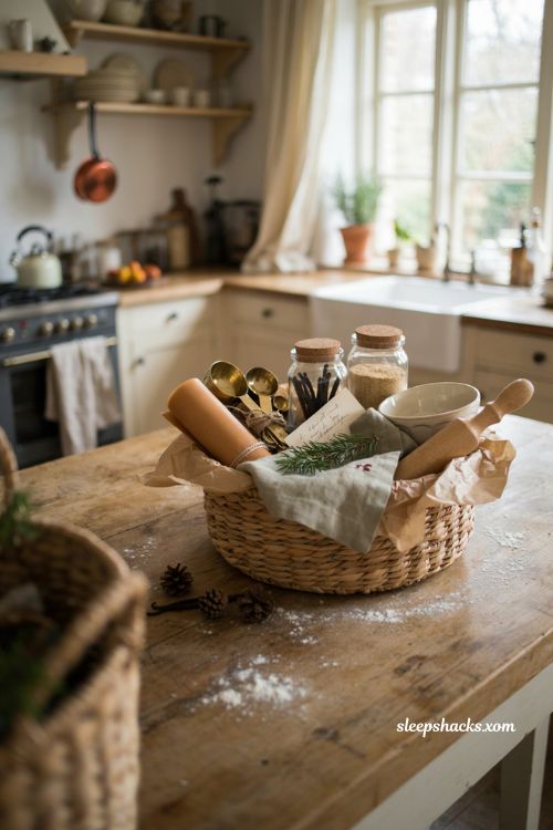 Bakers Christmas gift basket ideas with baking tools vanilla and cozy kitchen gifts 