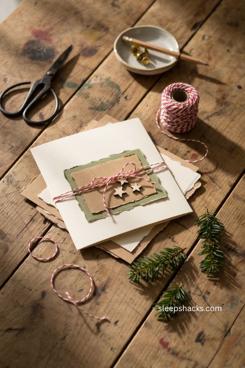 Baker’s twine Christmas card with red and white striped bow simple handmade holiday craft 