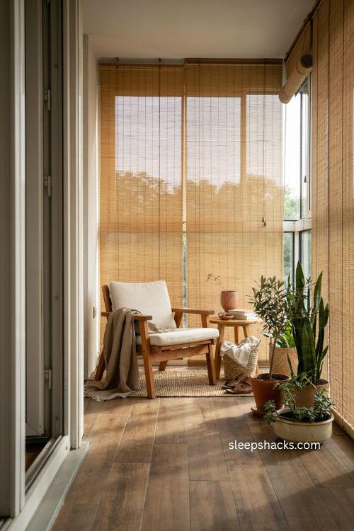Bamboo roll up blinds for warm closed balcony with wood furniture and green plants