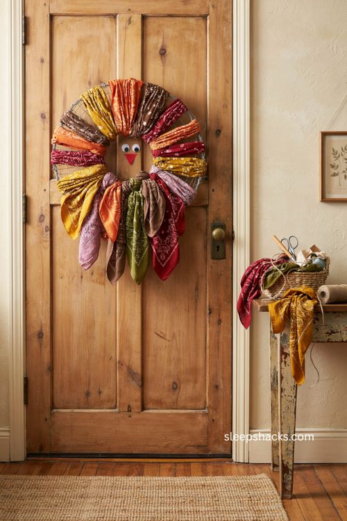 Bandana turkey wreath Thanksgiving door decor with colorful fall fabric and felt details 