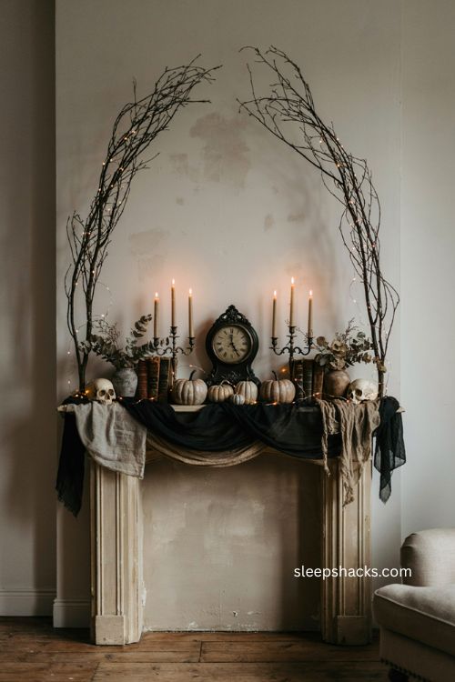 Bare black branch Halloween fireplace mantel with glowing lights candelabras and spooky decor