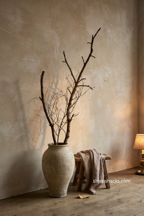 Bare branches in tall ceramic urn for minimalist Halloween decor
