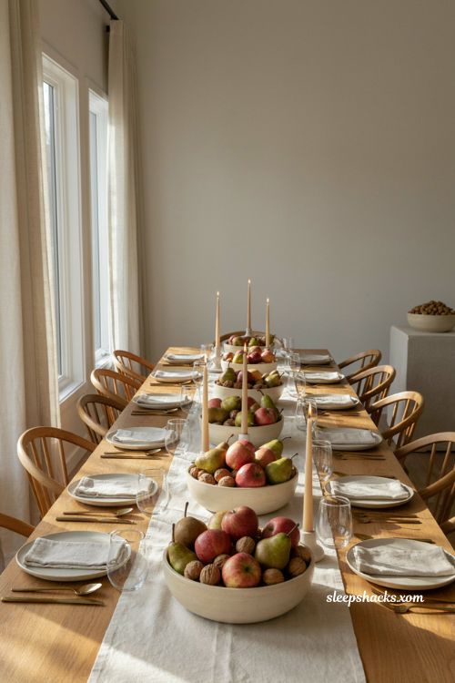 Basket based Thanksgiving centerpiece with apples pears and walnuts on a long dining table
