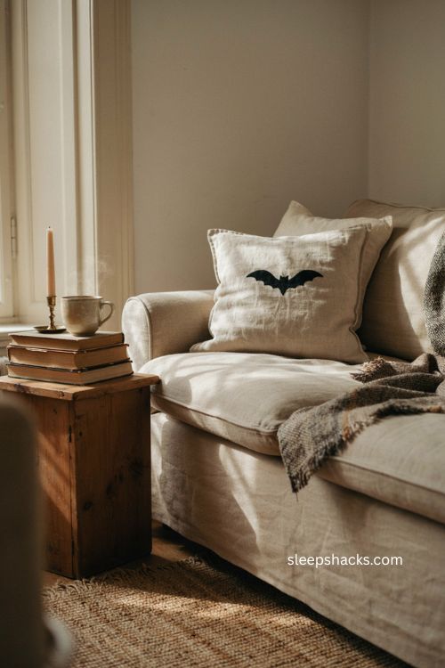Bat embroidered accent pillow for neutral fall Halloween decor