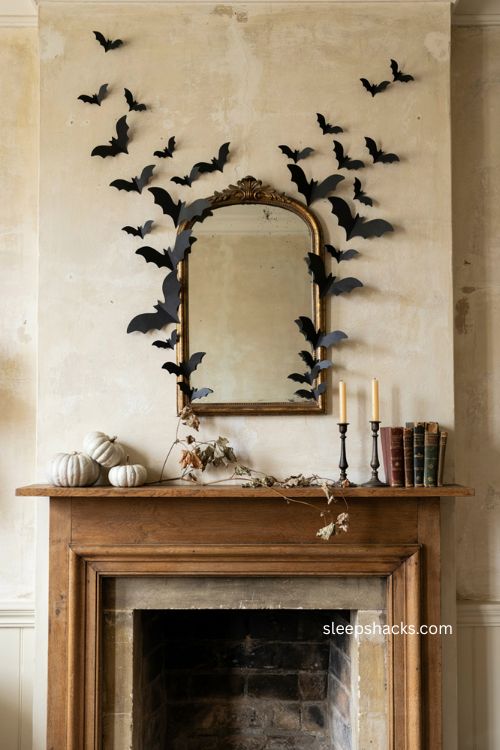 Bat wall decor ideas above a minimal Halloween fireplace mantle 