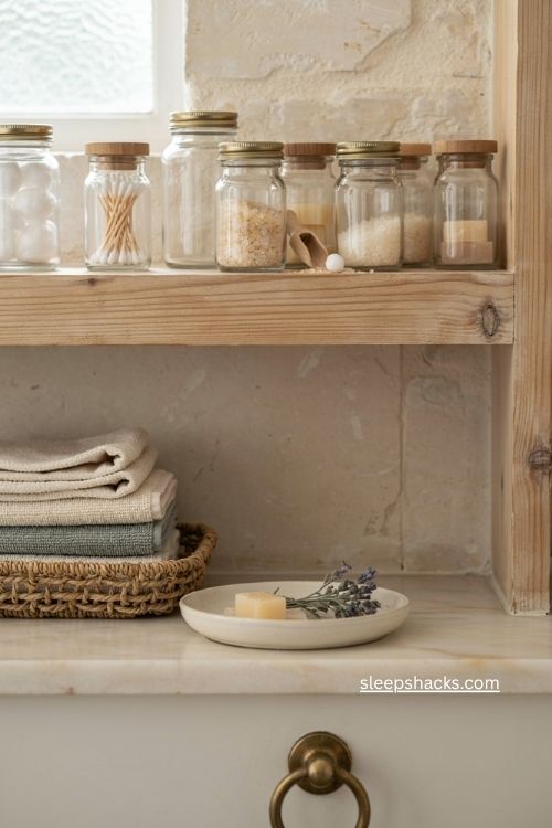 Bathroom apothecary jar storage with cotton balls swabs and bath salts 