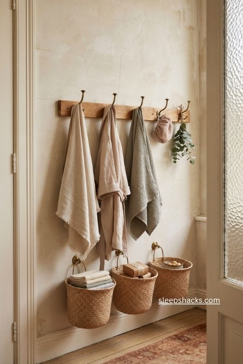 Bathroom hooks and baskets storage for towels robes washcloths and small essentials 