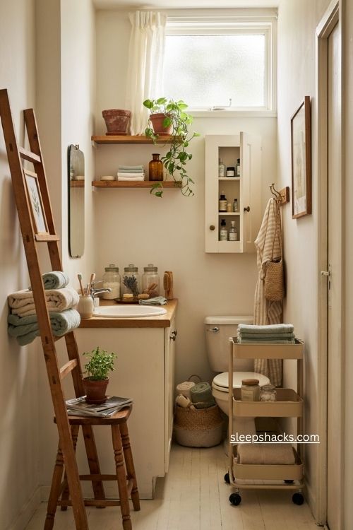Bathroom ladder shelf storage over toilet with towels baskets and small space organization 