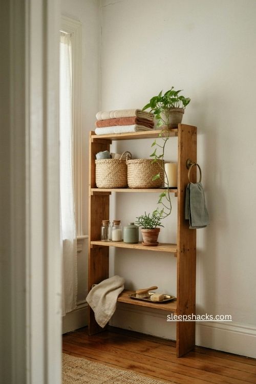 Bathroom leaning bookshelf storage with towels plants baskets and cozy corner decor