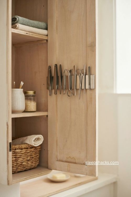Bathroom magnetic strip storage for tweezers nail clippers and small grooming tools 