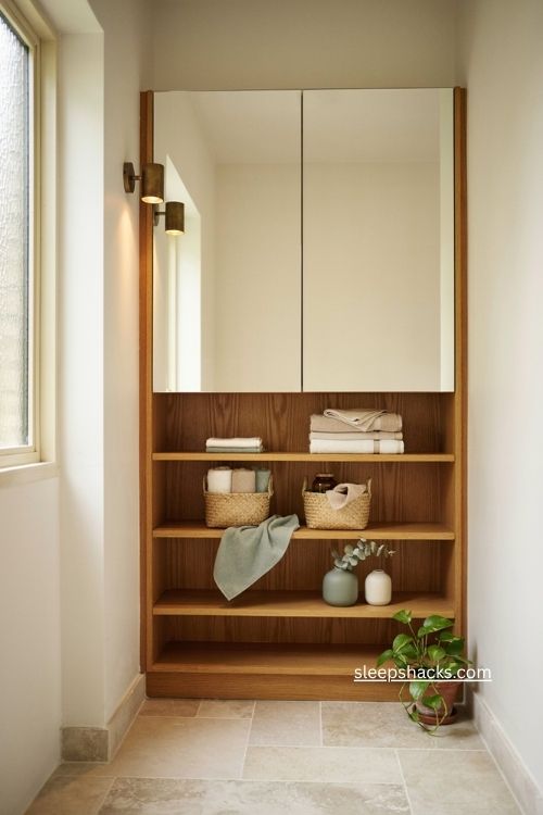 Bathroom open and closed storage with mirrored cabinet and warm wood shelves 