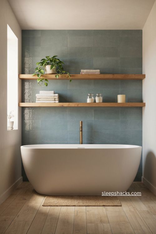 Bathroom shelves above bathtub with warm oak wood and folded towels