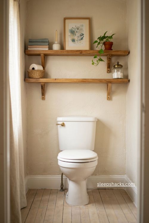 Bathroom shelves above toilet with folded towels baskets and simple decor