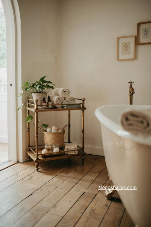 Bathroom shelves ideas with vintage bar cart towels baskets and spa storage