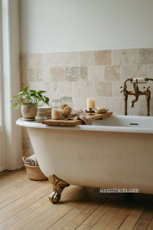 Bathroom shelves ideas with wooden bath tray plant jars and natural decor