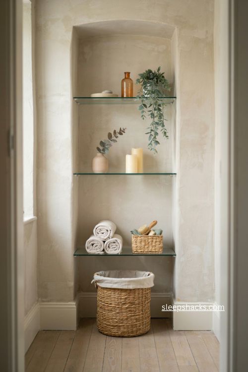 Bathroom shelves in tiny alcove with glass shelves wicker hamper and plants 