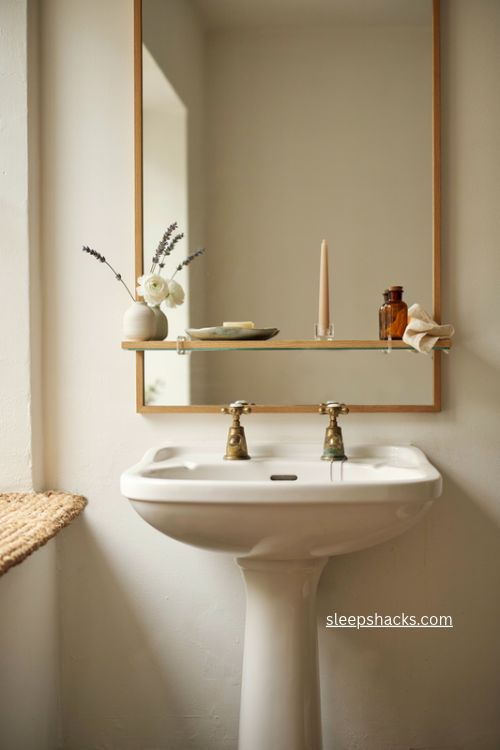 Bathroom shelves mounted on mirror above pedestal sink with vase and candle 
