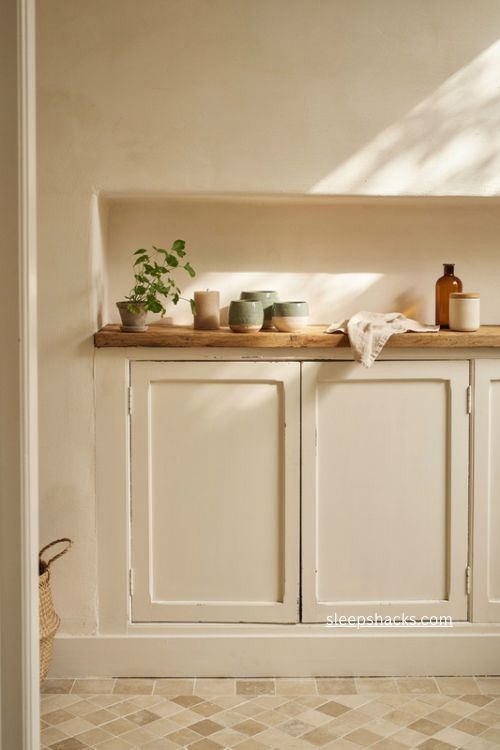 wide angle eye level interior shot of a refined bathroom featuring built in shelves constructed from the exact same handmade tile as the surrounding walls beside a freestanding bathtub, creating seamless architectural storage with no visible material break, timeless European cottage style with subtle modern farmhouse influence, warm ivory, soft cream, pale gray, muted stone and deep charcoal palette, integrated tiled shelves holding a single dark ceramic vase, a deep green leafy plant, folded linen towels and a few understated bath accessories, softly irregular tile edges, tactile grout lines, aged brass fixtures and gently worn natural details creating authentic character, soft daylight entering through a nearby window with warm ambient illumination washing evenly across the matching tiled surfaces, soft colors that change the mood instantly, old textures that add warmth and depth, simple details that create lasting charm, calm cohesive atmosphere where the practical tiled shelving feels like an original part of the bathroom architecture while the dark accents keep the monochrome design from disappearing, no people, no text, no watermarks, no blur, no bokeh, all surfaces in sharp focus, photorealistic, 4K resolution, editorial interior photography, Pinterest-worthy 