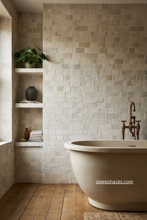 Bathroom shelves tiled to match walls beside bathtub with dark green plant 