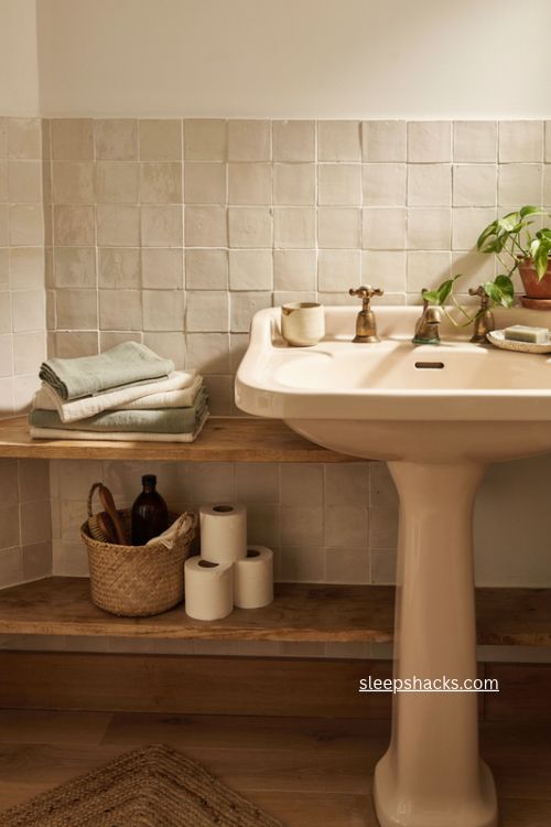 Bathroom shelves under pedestal sink with towels baskets and rustic wood