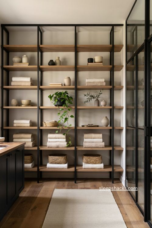 Bathroom shelves with floor to ceiling built ins black metal and folded towels 
