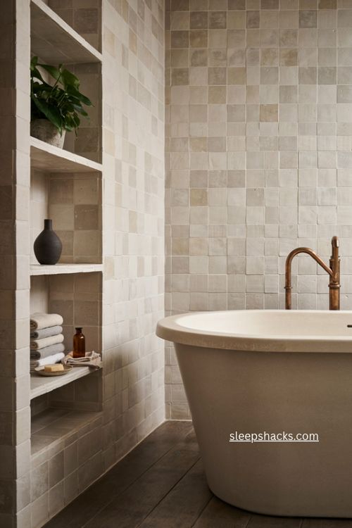 Bathroom shelves with freestanding wooden unit between sink and toilet 