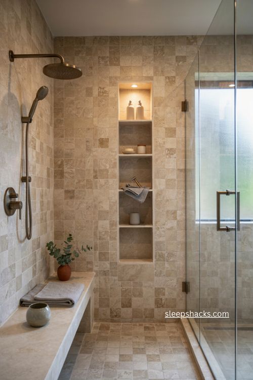 Bathroom shelves with tall tiled shower niche and organized bath storage