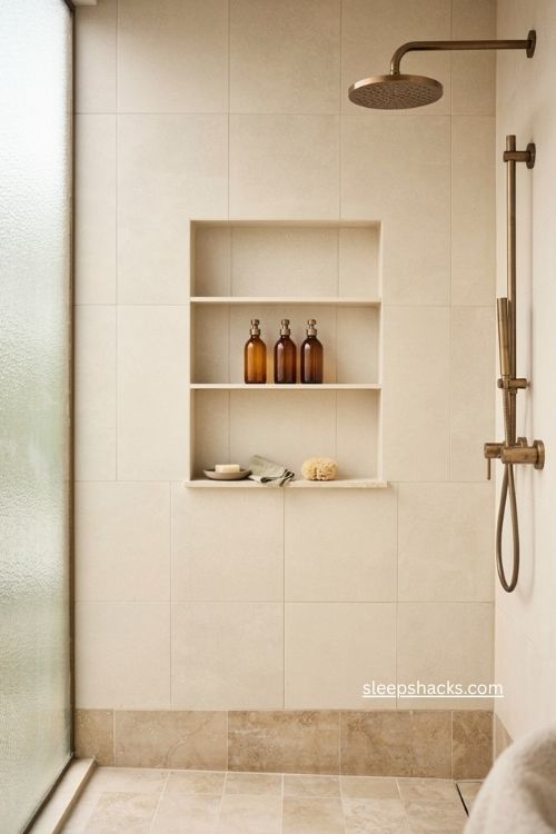 Bathroom shower wall niche with built in storage for shampoo soap and toiletries 