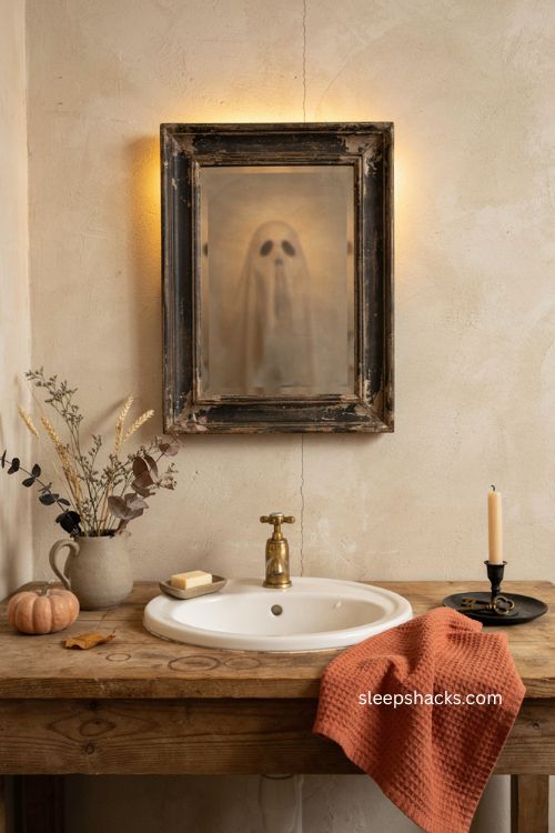 Bathroom vanity ghost mirror with warm LED glow and cozy eerie Halloween decor