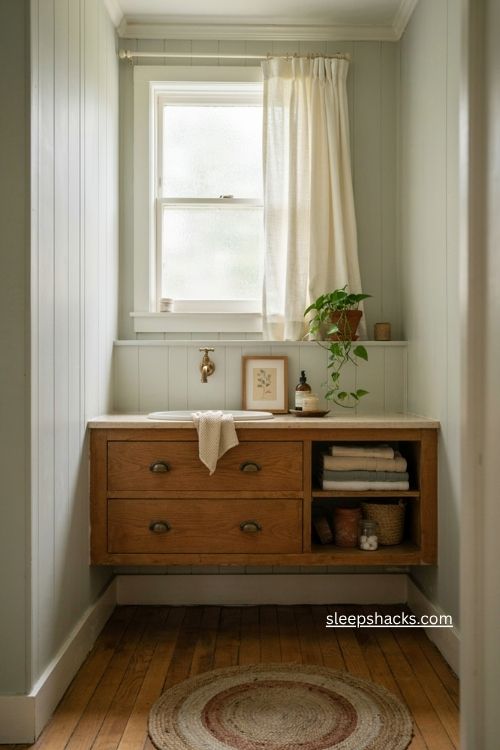 Bathroom vanity with open shelving drawers towels baskets and warm wood storage 