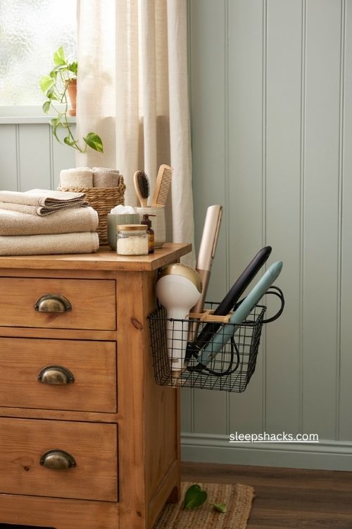 Bathroom wire basket storage for blow dryer straightener and curling iron 