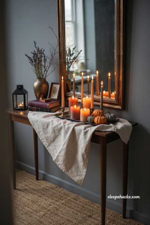 Battery LED candles near mirrors Halloween decorations for apartments 