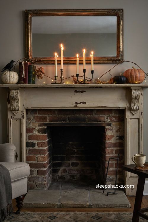 Battery candle mantle ideas for a cozy glowing Halloween fireplace 