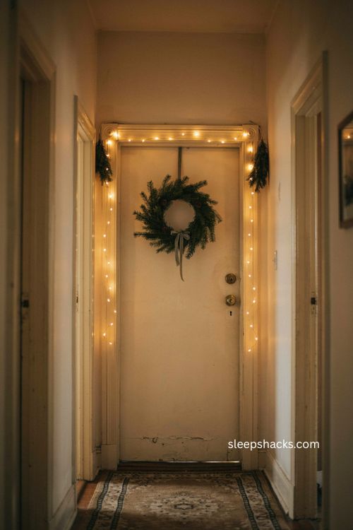 Battery powered fairy lights around apartment door frame with warm white christmas glow 
